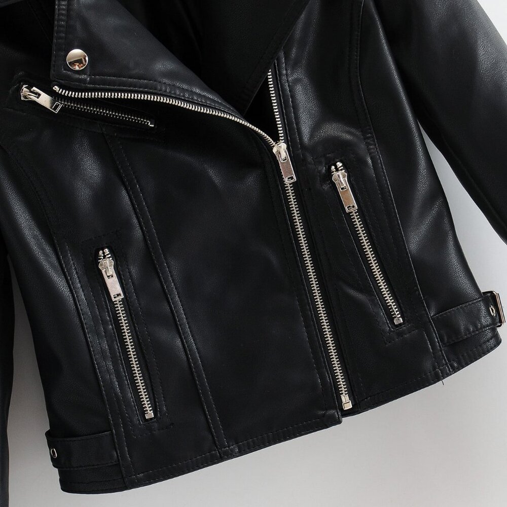 Black Casual Women's Zip Up Faux Leather Moto Jacket BIker - Picture 5 of 11